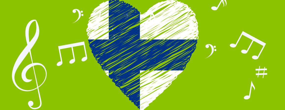 Sydän Suomen lipun väreissä ja nuotteja