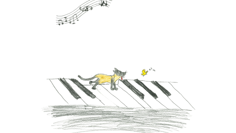Piirros, jossa kissa kävelee pianon koskettimilla