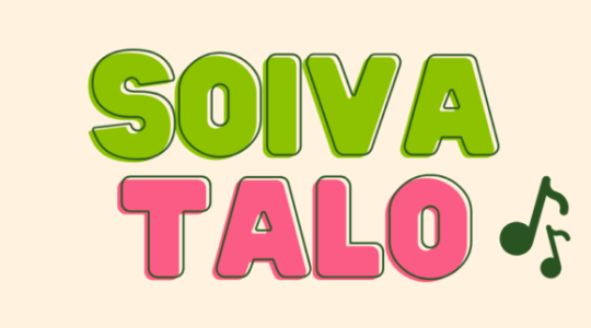 Vihreällä ja pinkillä kirjoitettu teksti SOIVA TALO ja nuottikuvitus