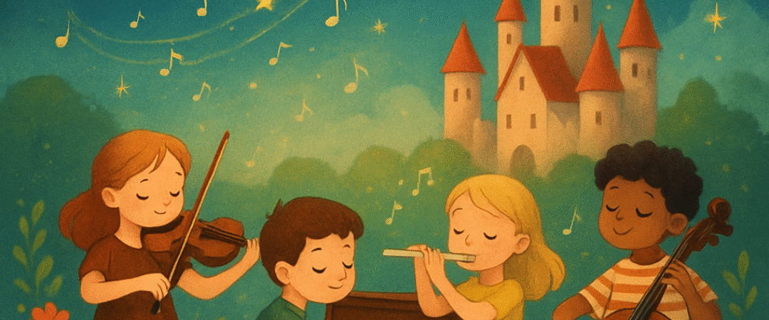 Piirroskuvassa lapset soittavat eri instrumenteilla satumaassa