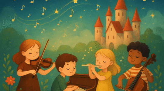 Piirroskuvassa lapset soittavat eri instrumenteilla satumaassa