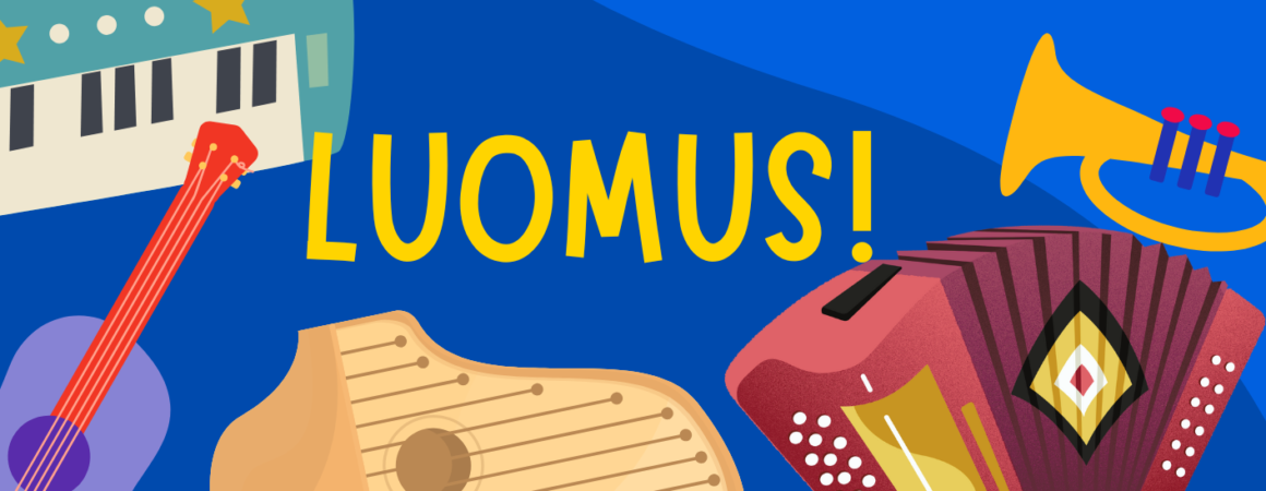 Värikkäitä piirrettyjä soittimia LUOMUS-tekstin ympärillä